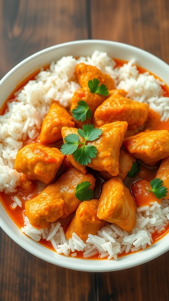 A bowl of spicy chicken curry with cilantro garnish, served with rice on a rustic table.